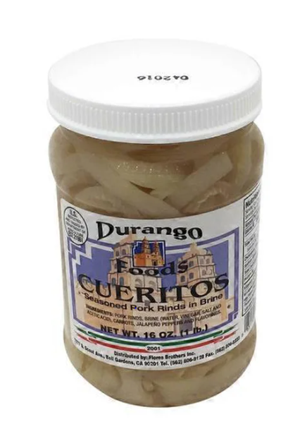 Durango Cueritos (Seasoned Pork Rinds in Brine)16oz -PICK UP ONLY